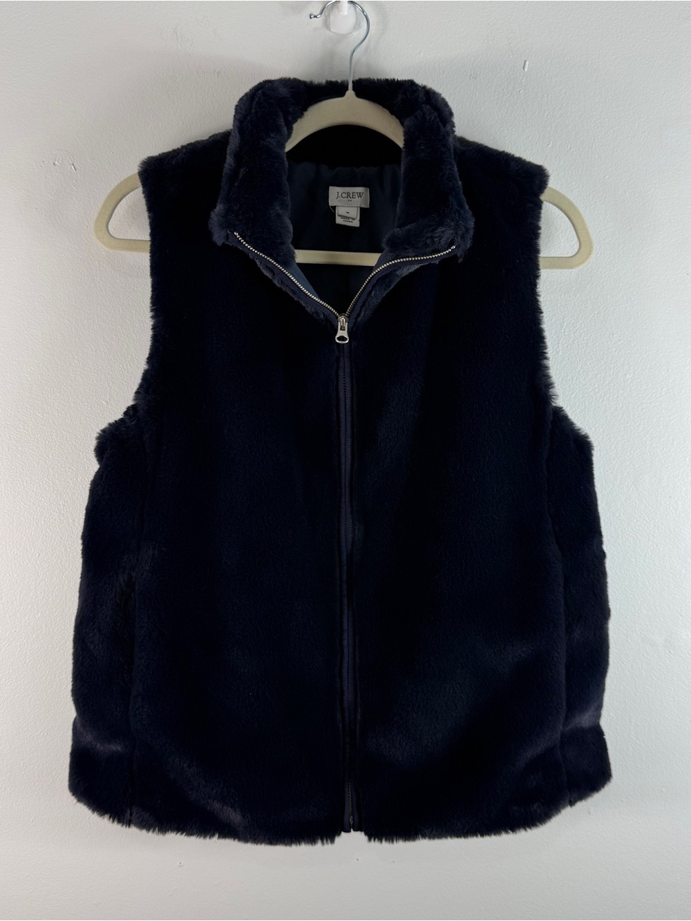 J Crew Faux Fur Vest Women’s Medium Full Zip Navy Blue Pockets